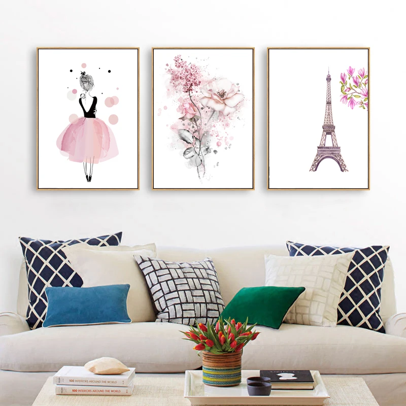 Акварель розовый мультфильм девушка скандинавские плакаты и печать стены