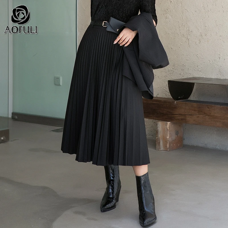 Женская плиссированная юбка средней длины черная элегантная длинная до середины