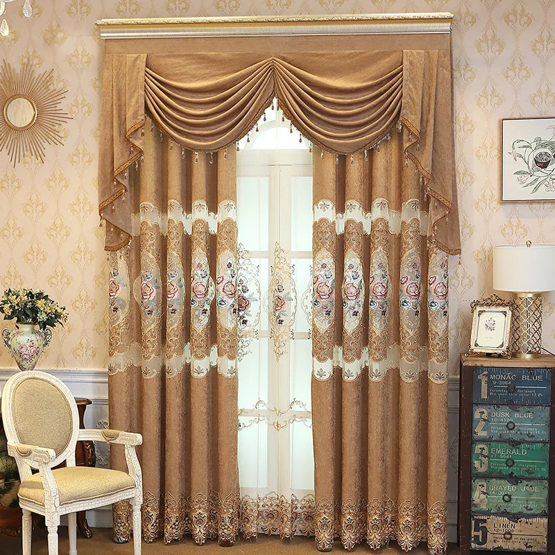 

European Style Hollow Water-soluble Embroidered Chenille Curtain Nordic Villa Living Room Bedroom Blackout Curtain Fabric
