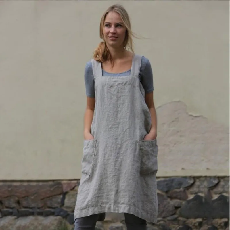 

Women Cotton Linen Pinafore Square Cross Apron Garden Work Pinafore Sleeveless Dress Plus Size 5XL