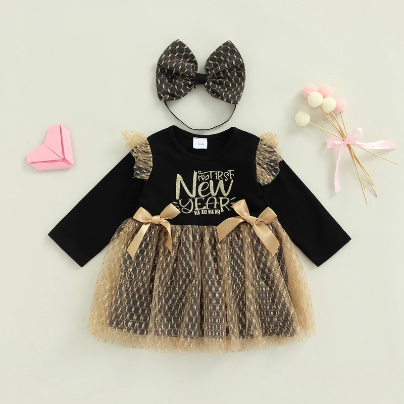 

Toddler Baby Girl Autumn Dress Long Sleeve Round Neck Letter Print Tulle Patchwork Princess Dress with Headband