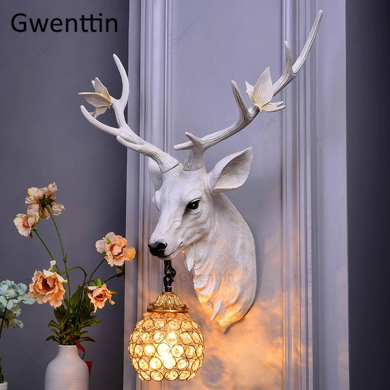 

Настенный светильник с оленем E27, бра с оленьими рогами из смолы для домашнего декора в скандинавском стиле, комнатное освещение для гостино...