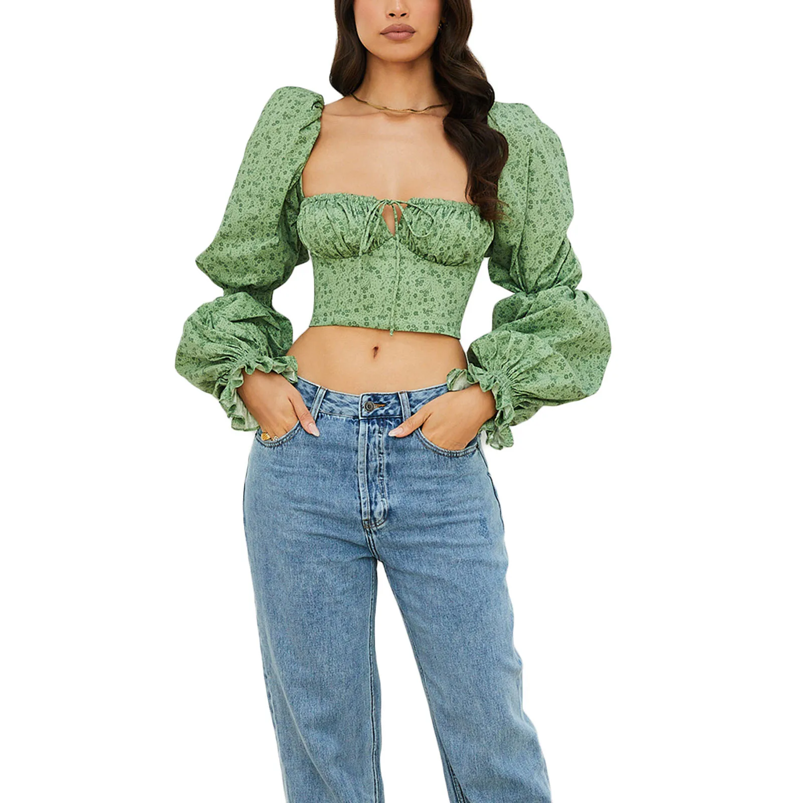 

Женская Повседневная футболка с пышными рукавами, модный топ с квадратным вырезом и цветочным принтом, на завязках, с открытым пупком, новин...