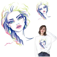 hand drawn blond gril heat transfer for clothes patches for woman t shirt thermal stickers iron on transfer stripe on clothes