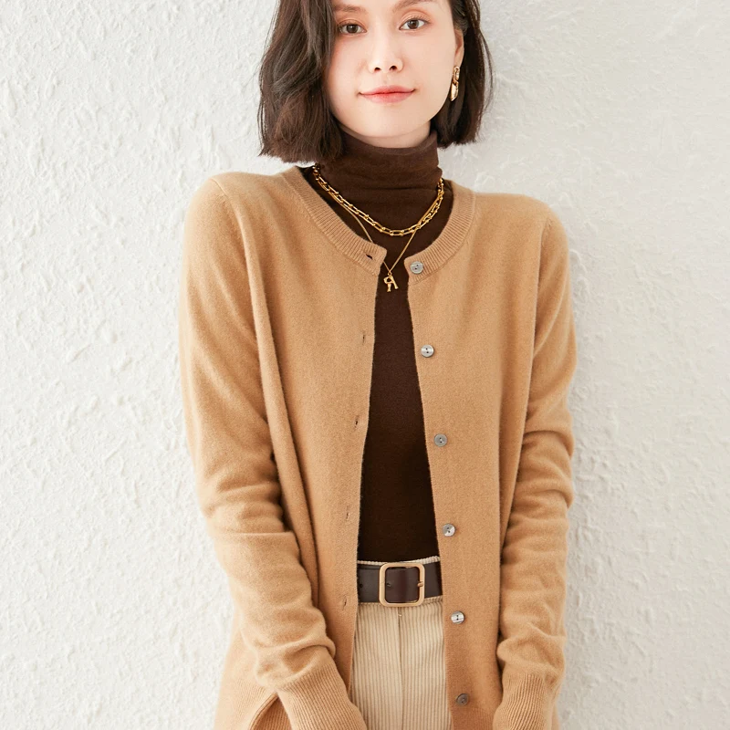 Женский кардиган из 100% чистой шерсти трикотажная рубашка пальто с круглым