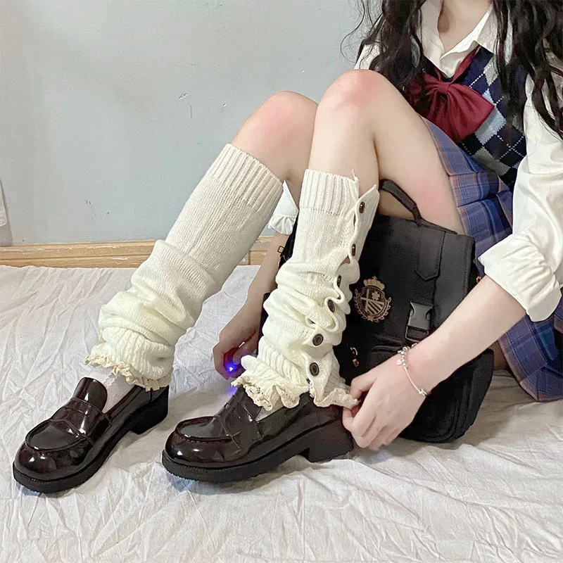

Lolita Knitted Leg Warmers Women Buttons Loose Boot Stockings Girls Jk White High Knee Socks Female Fluffy Leg Warm Sock