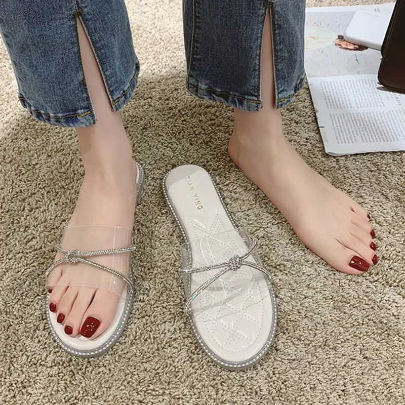 

Shoes Glitter Slides Slippers Casual Summer Clogs Woman Pantofle Cross-Tied Low Jelly Luxury Flat Soft Beach 2021 Crystal Basic
