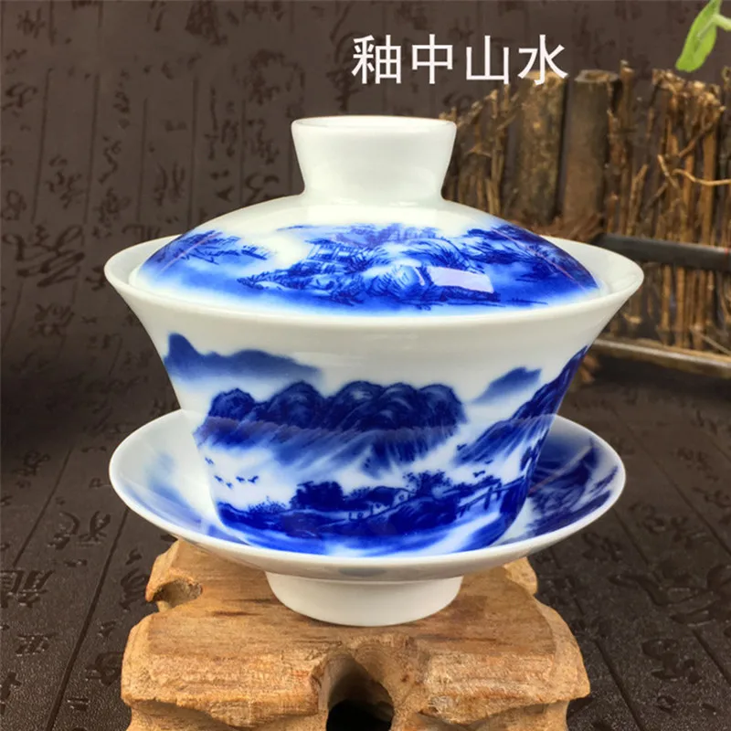Mountain Sancai gaiwan Цзиндэчжэнь фарфор 200 мл восемь сокровища чайная чаша китайский синий и белый фарфор чайная чашка и блюдце набор - Цвет: Mountain