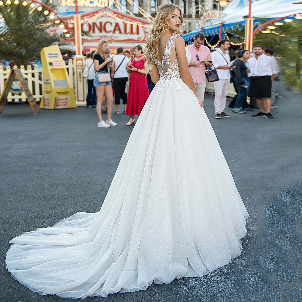 

Charming A-line Wedding Dress 2021 Sexy Sweetheart Applique Chapel Train Custom Made Sleeveless Tulle Bridal Gowns