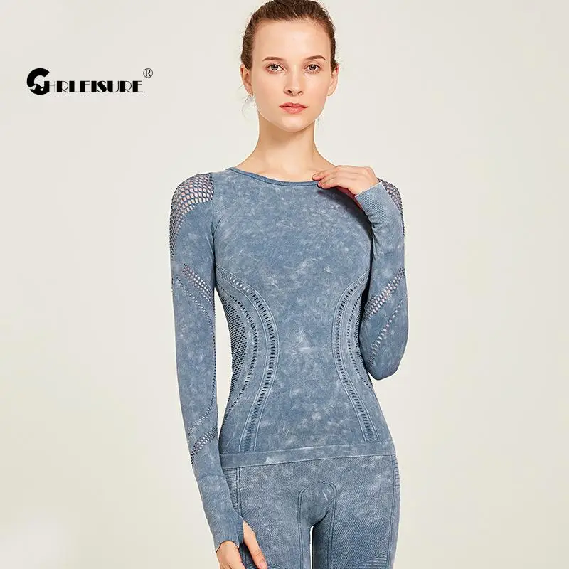 

CHRLEISURE Печать Спортивный Топ полые бесшовные пальчиковые кроватки фитнес блузки для йоги Бег дышащий Быстросохнущий тренажерный зал с длин...