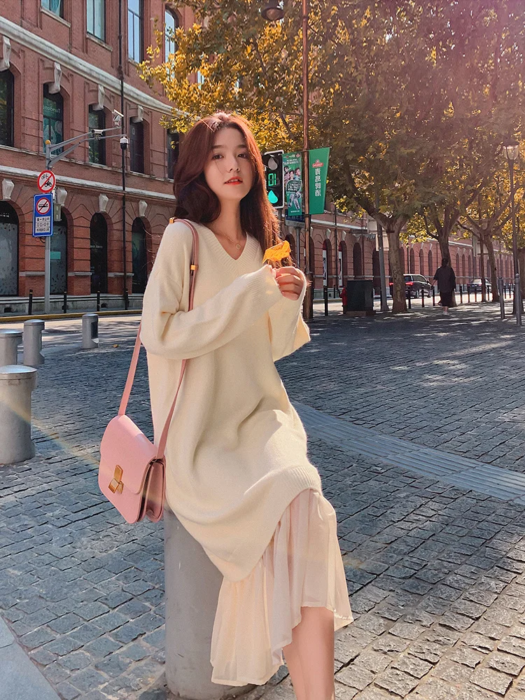 

Women Dress Autumn New 2021 V-neck Splicing Korean Fashion Niche French Preppy Style Sweet Romantic Knitted Dress Vestido Midi