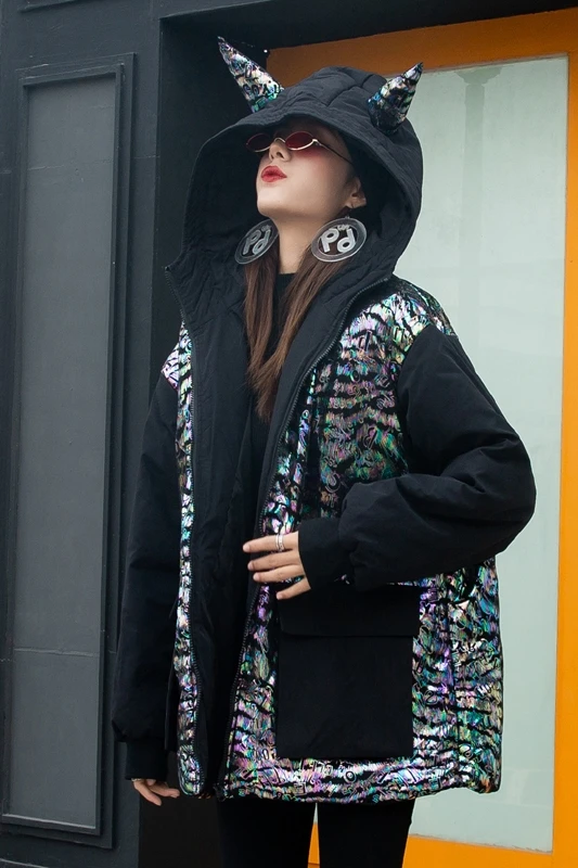 

2020 autumn and winter new shiny hooded stitching jacket fashion trendy brand warm commuter loose coat women
