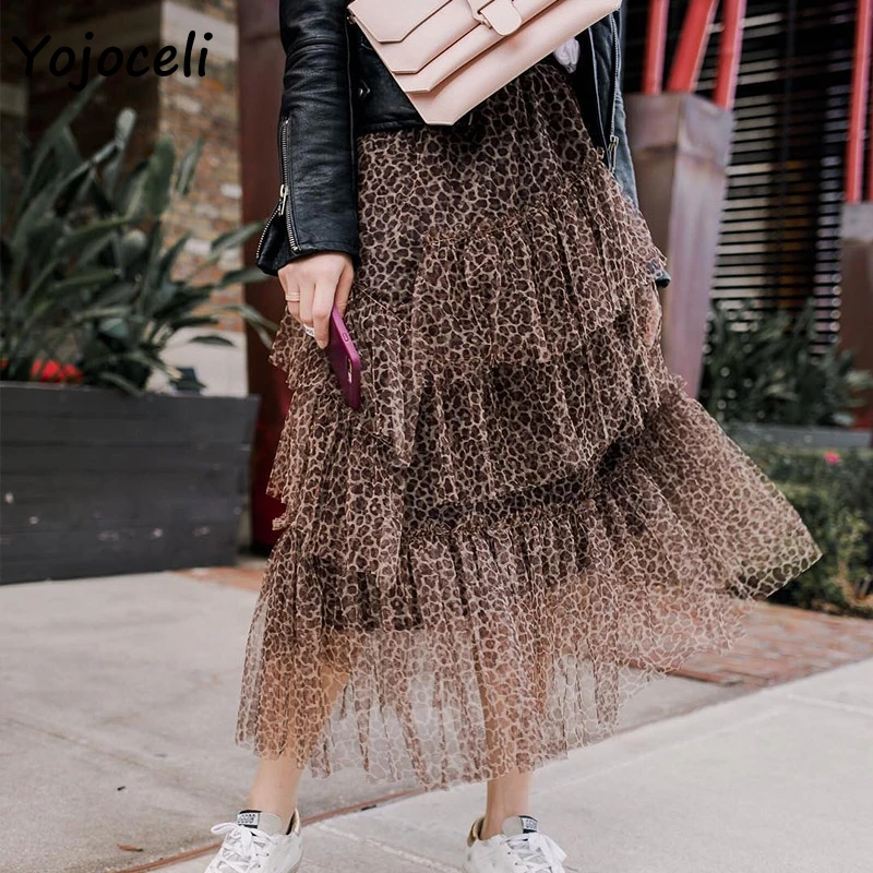 Yojoceli леопардовая юбка сетчатая гофрированная Юбка-миди Женская Лоскутная