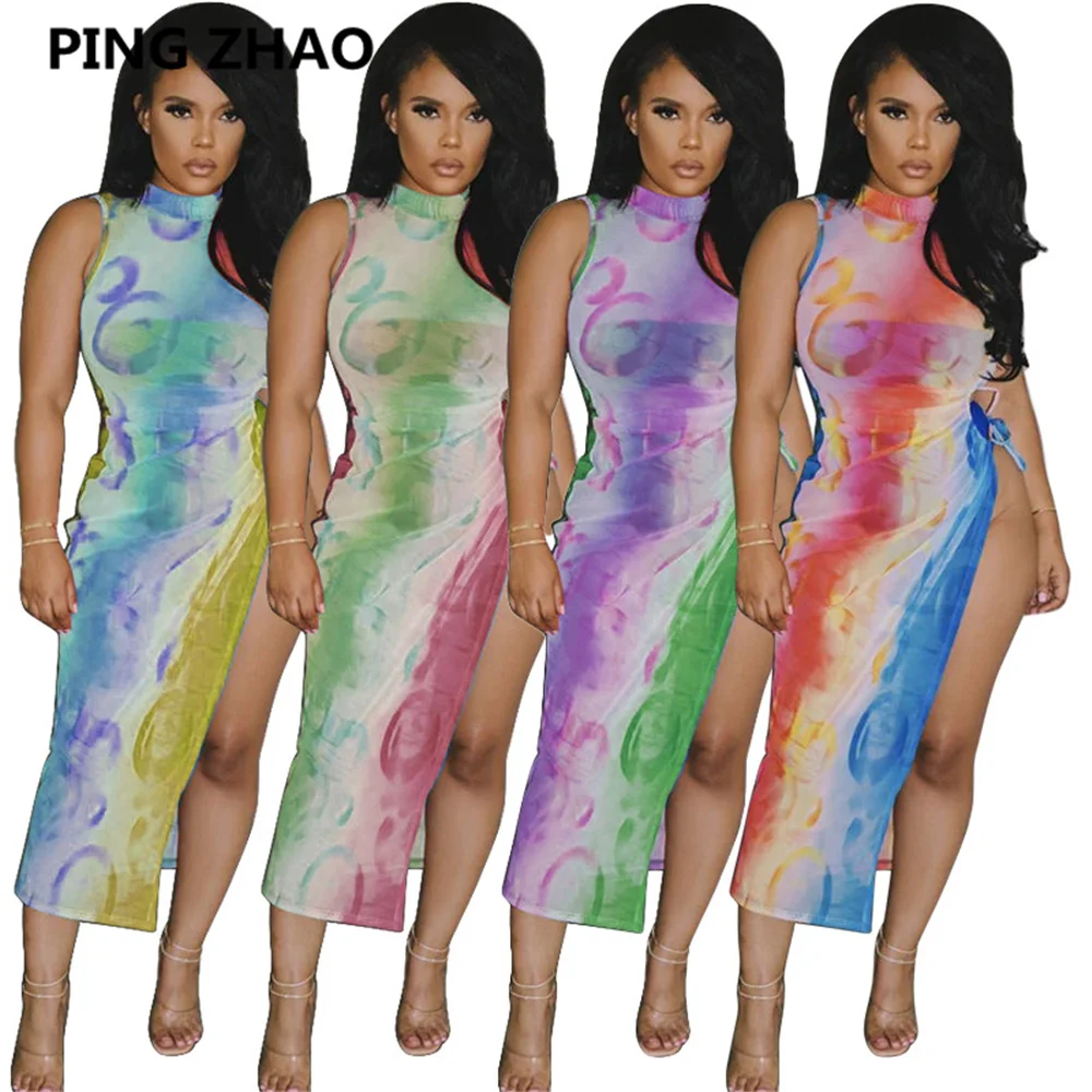 

PING ZHAO Women Tie Dye Mesh Long Dress Beach Sexy Party Sleeveless High Side Split Maxi Midi Dresses Summer