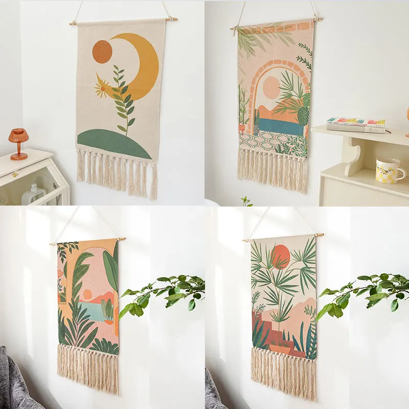 

Boho Hanging Tapestry with Handmade Tassels Dorm Hotel Wall Hanging Cover Blanket Decor Fabric Home Stay Decoration Accessories