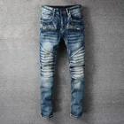 Синие уличные мужские облегающие джинсы, мотоциклетные брюки, джинсы в стиле хип-хоп, мужские джинсы-ботинки для мужчин, уличная одежда, Стрейчевые джинсы