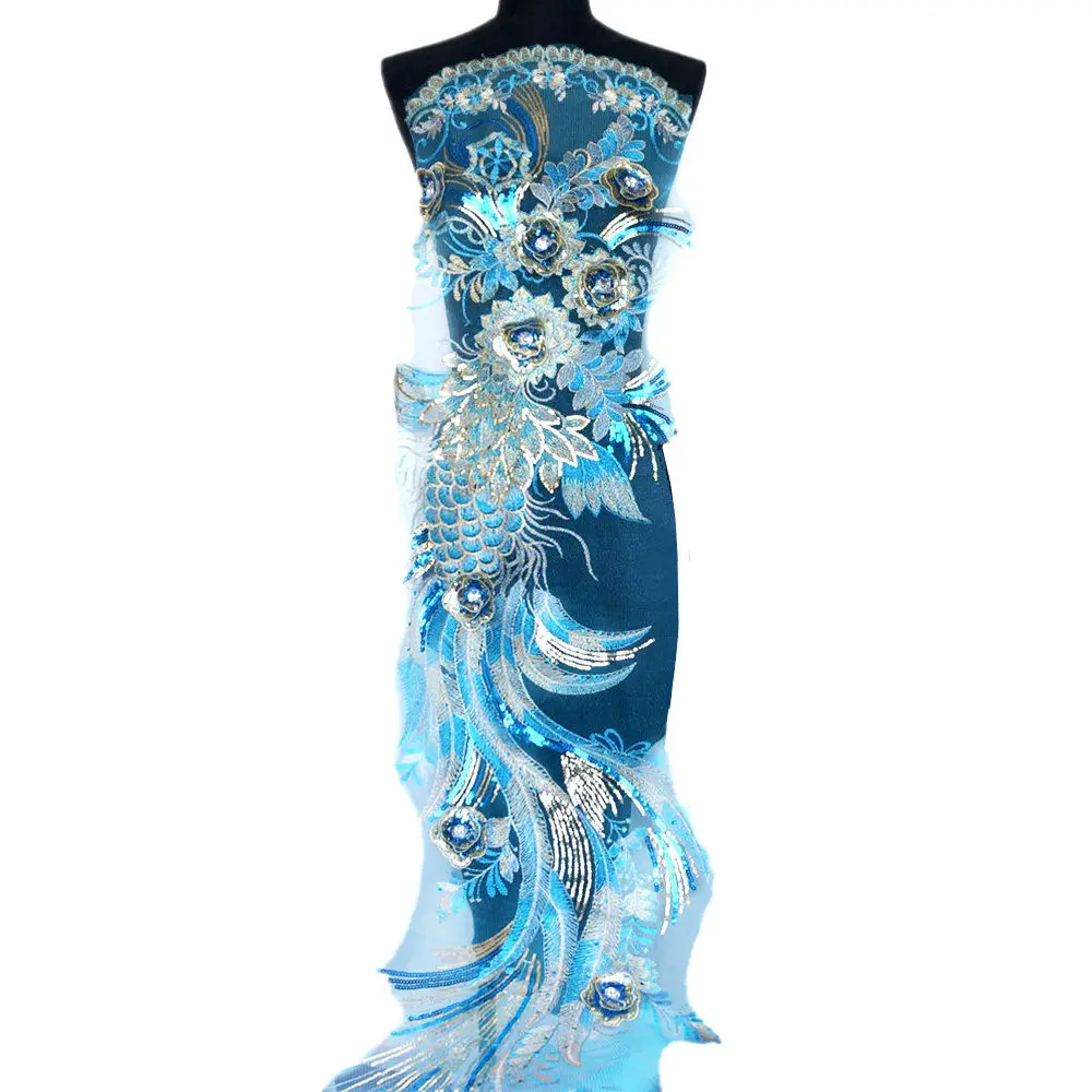 130 см Небесно-Голубой Феникс Павлин кружевной ткани блесток цветок горный