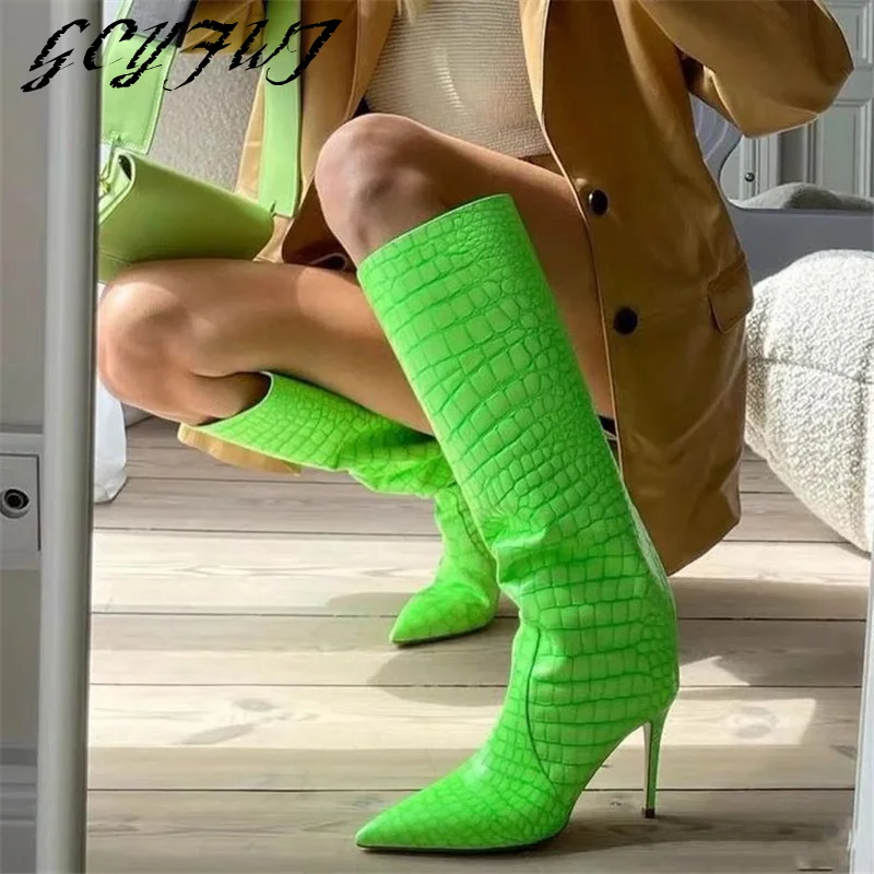 

Women Knee High Boots Heels Fluorescent Green Blue Crocodile Leather Pointed Toe Spring Autumn Long Boots Black Rose Red 2023