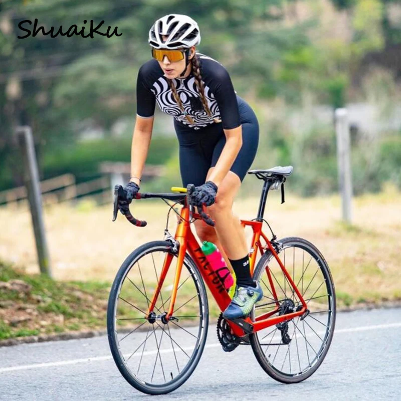 

2021 Summer New Triathlon Suit Women's Cycling Jersey Skinsuit Breathable Quick Drying Jumpsuit Cycling Short Sleeve Set Gel Pad