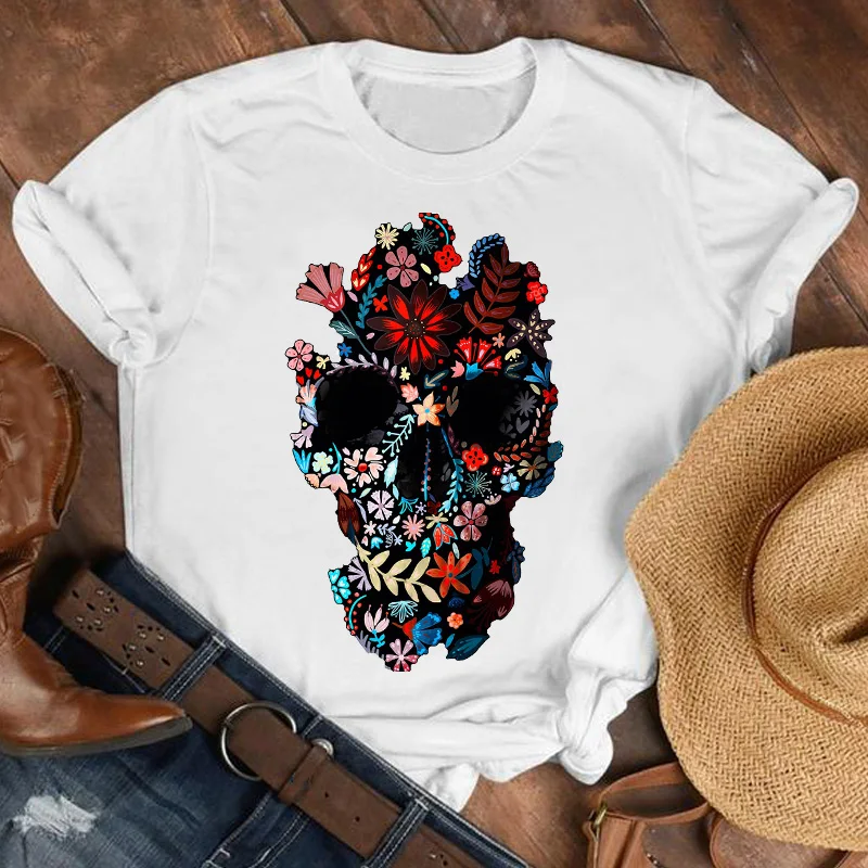 Женская футболка с коротким рукавом принтом черепа в стиле 90 х|Футболки| |
