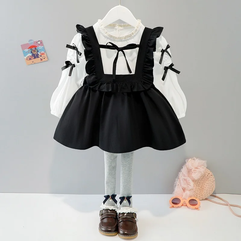 

0-4-year-old children's set spring and autumn 2022 new girl's baby bow strawberry Floral Skirt Top + Leggings two-piece set