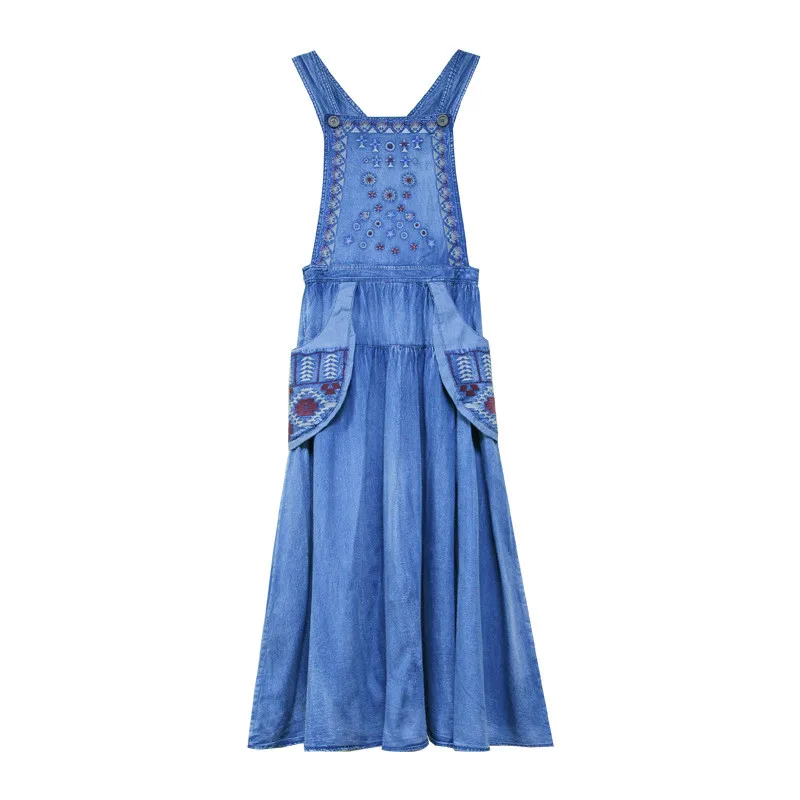 

Tank Dress Woman Summer Strap Maxi Big Packets Vintage Embroidery 100% Cotton Denim Long Dresses Fashion Plus Size Female Outfit