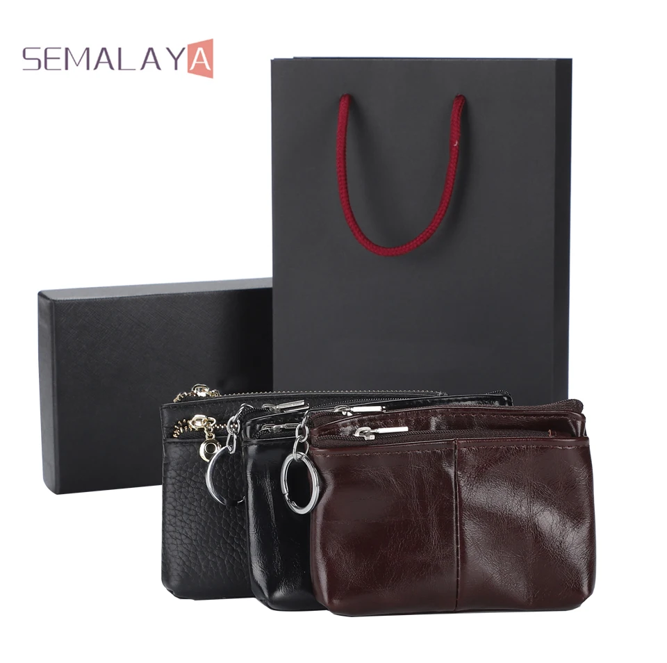 Free Shipping Coin Wallet Keychain Money Clip Purse Cowhide Leather With Zipper Card Bag Small For Unisex Latest Design Style