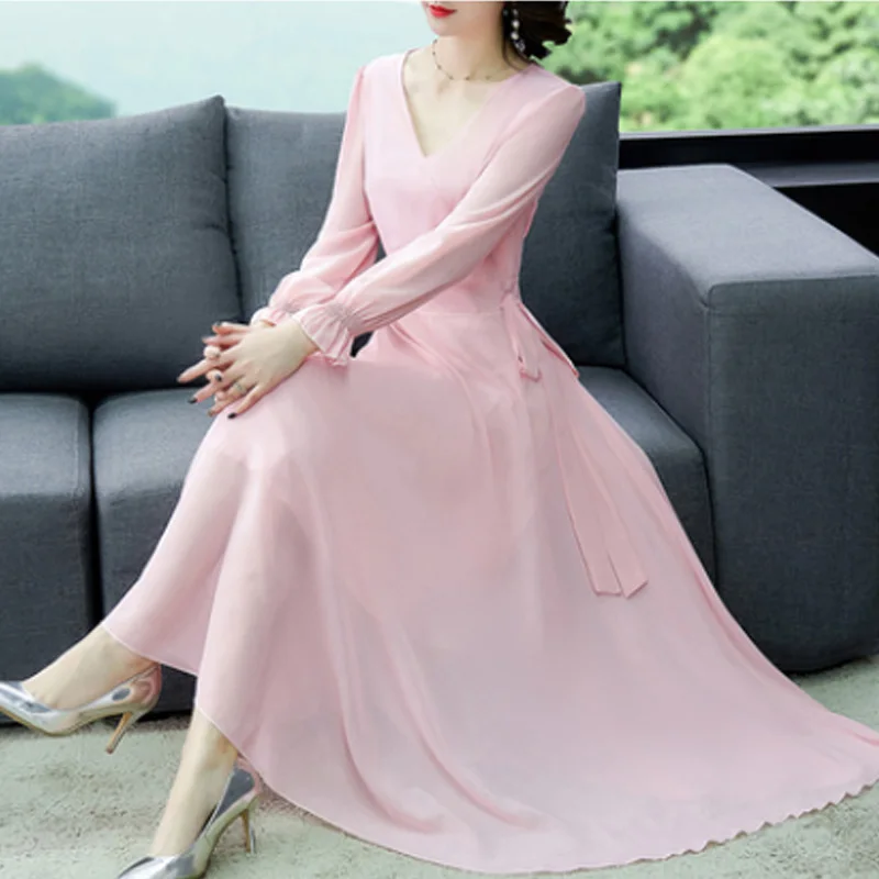 

2020 Fashion 8Color Puff Sleeve Women Boho Dress Solid Color Chiffon Dresses Bowknot Female Autumn Holiday Casual Dresses