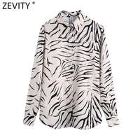 zevity women vintage animal striped print smock blouse office lady single breasted casual shirt chic business blusas tops ls9759
