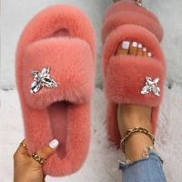 fashion slippers luxury crystal butterfly faux fur slides fluffy flip flop platform fur sandals plush home slippers casual shoes