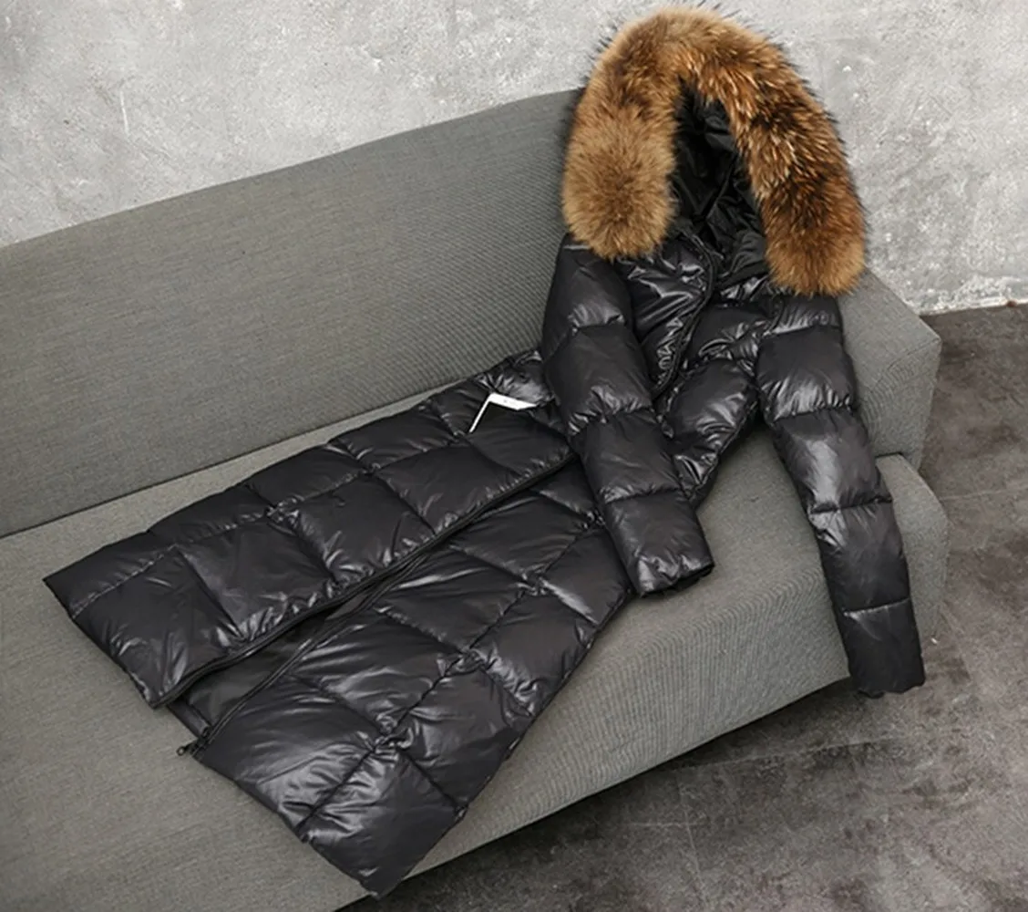 

OLOME Women Long Parka White Down Puffer Thick Hooded Real Mink Fur Collar Winter Coat Warm Parkas Knee Full Length Oversize 6XL