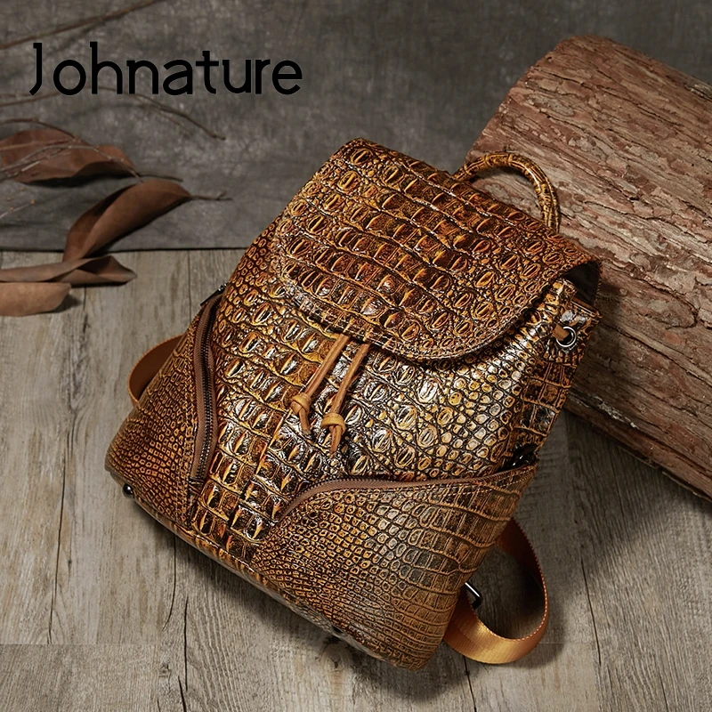 Женский рюкзак из натуральной кожи аллигатора Johnature вместительный на плечо в