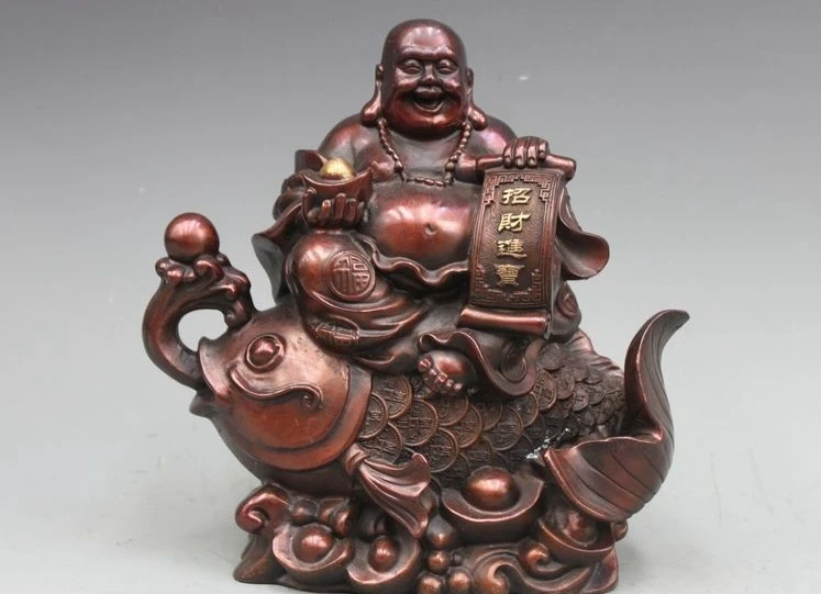 Китайская красная бронза Yuan Bao Maitreya Будда езда рыбы привлекают богатство статуя a