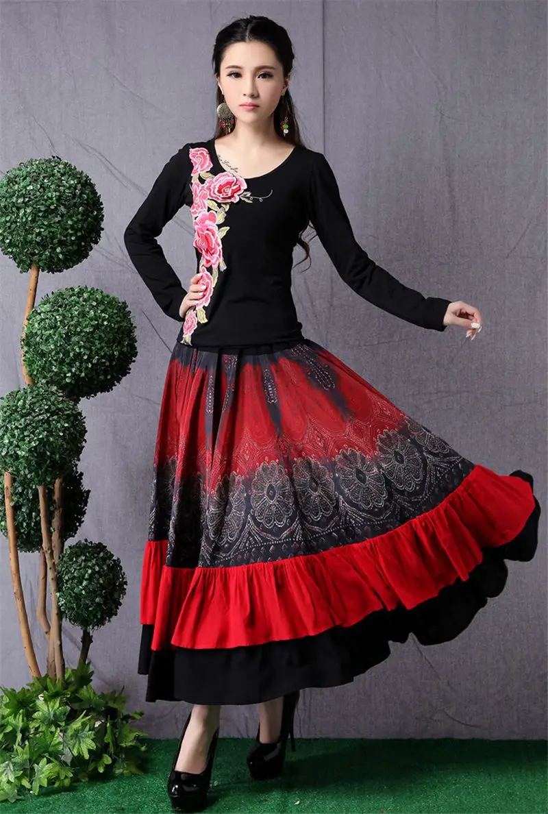 

Retro Large Size Dance Skirt Women Saia Mujer Faldas Ethnic Style Women's Long Skirt Stitching Fashion Elastic Waist Skirt