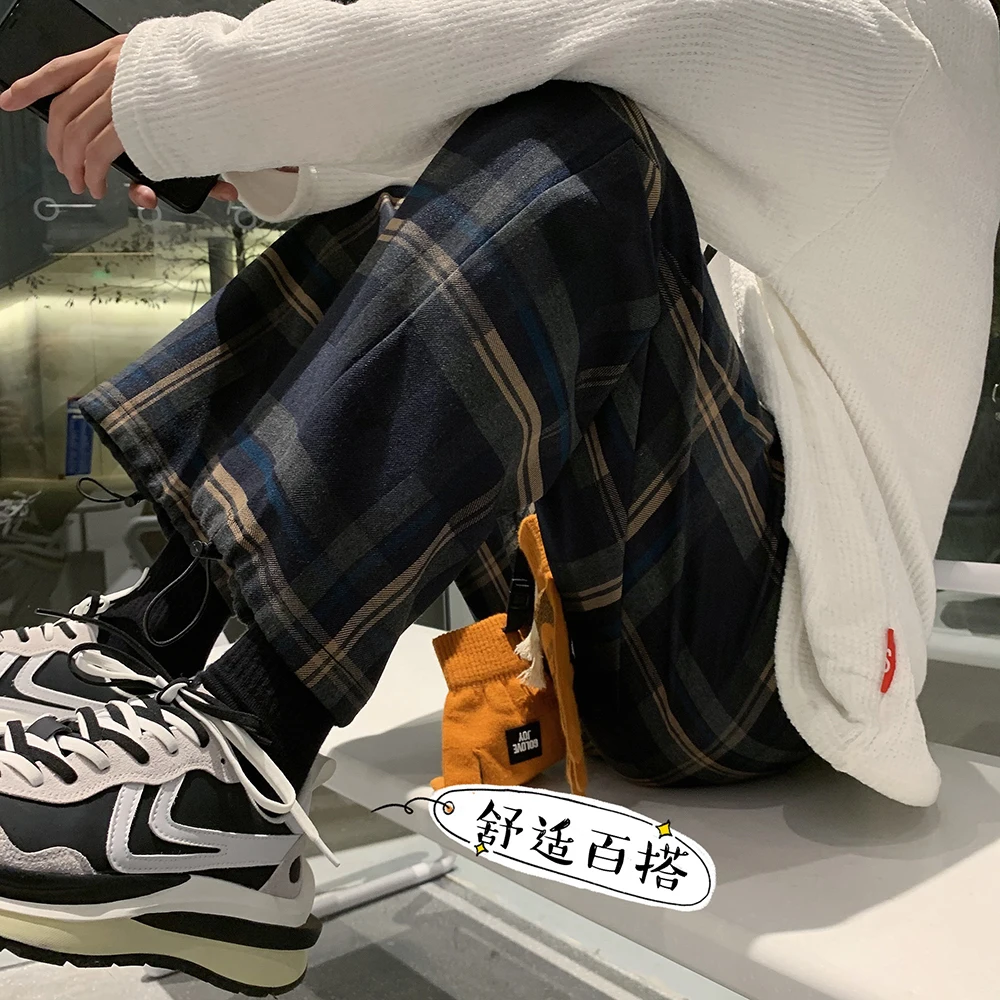 

Autumn Men's Vintage Plaid Harem Pants Male Straight All-match Ankle-banded Pants Casual Streetwear Elastic Waist Loose Pants