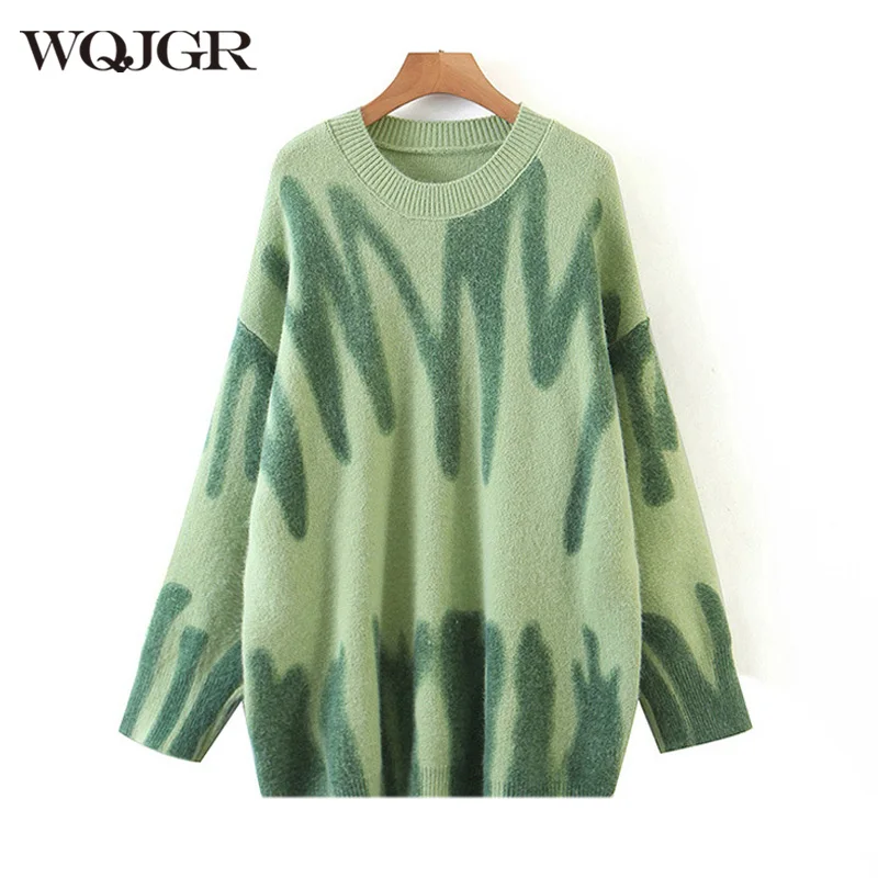 

WQJGR Pullovers Sweater Women Print Knitted Elegant Green Striped Oversized Loose Long Sweaters Sueter Mujer