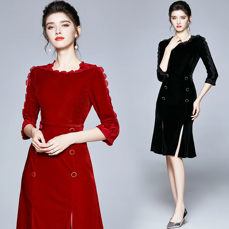 

2021 Runway Velvet Midi Dress Office Lady Embroidery O Neck Half Sleeve Side Slit Party Dress Woman Autumn Spring Vestido S76620