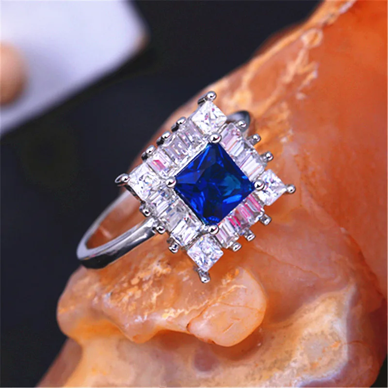 Роскошные блестящие синие/белые циркониевые Квадратные Кольца принцессы для