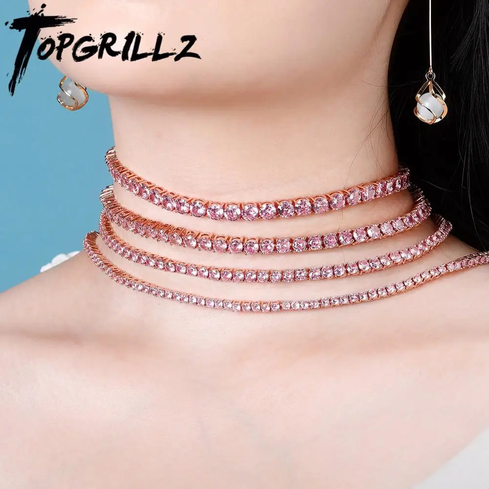 TOPGRILLZ 3mm-6mm Tennis Chain Choker Necklace Iced Out Bling AAA Zircon 1 Row Tennis Chain Women's Necklace Blue and Pink Color