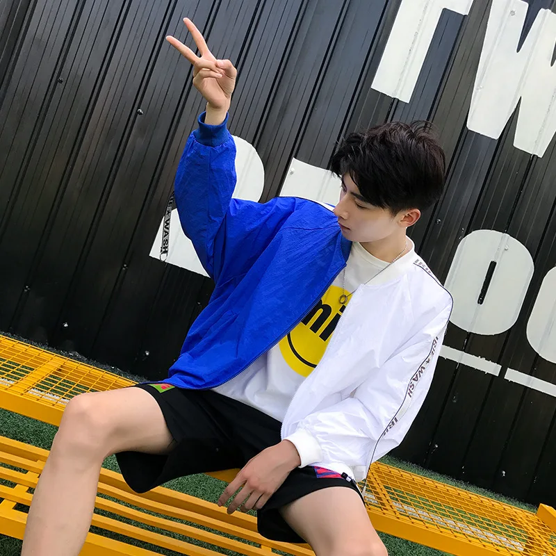 

Spring And Summer New Mens Fashion Jackets All-Match Ribbon Hit Color Sunscreen Clothing Anime Characters Thin Windbreaker