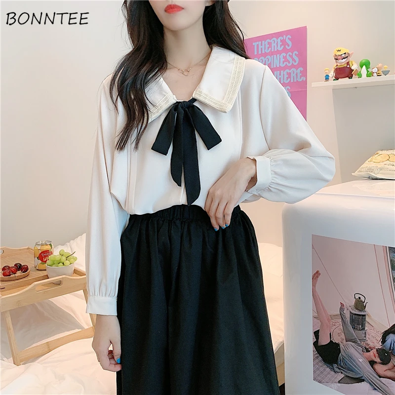 

Blouses Women Plus Size Baggy Preppy Style Chiffon Patchwork All-match Peter Pan Collar Ins Clothes Korean Fashion Bow Aesthetic
