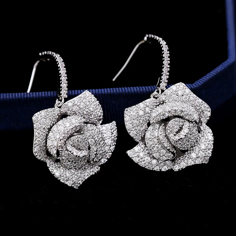 

Creative Three-Dimensional Camellia Earrings Environment-Friendly Copper Micro-Zircon Fashion Atmosphere Ladies Earrings
