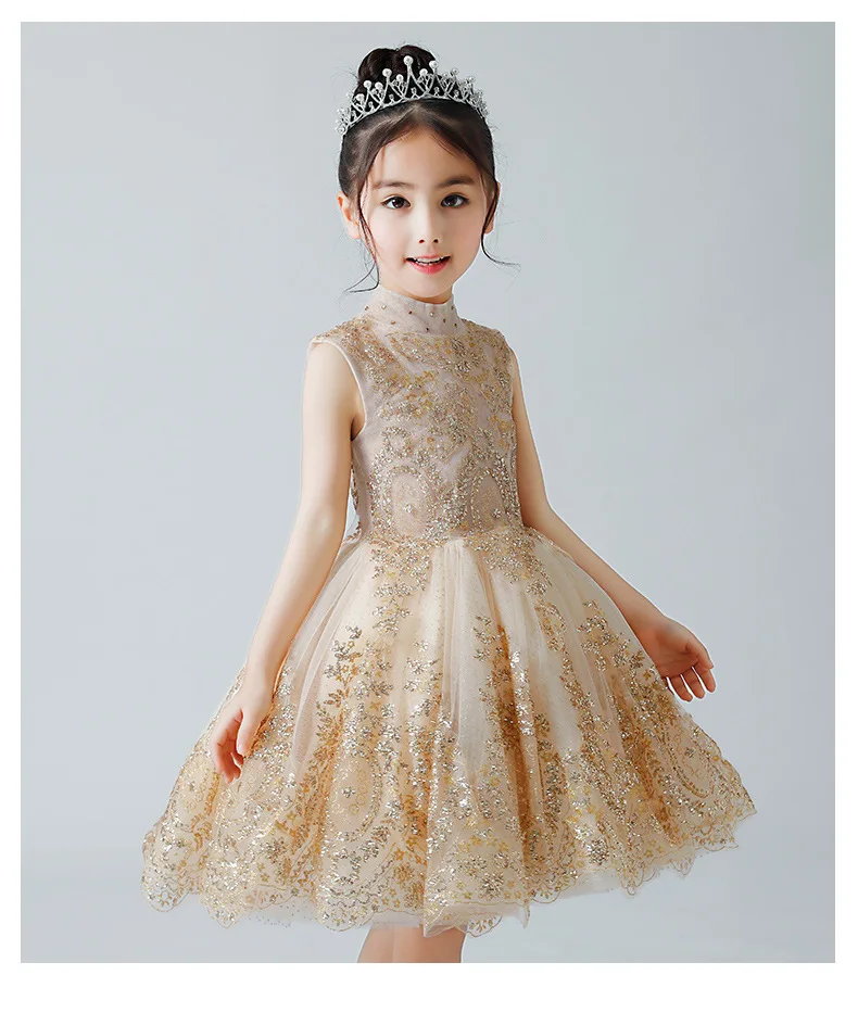 Королевское Цветочное платье для маленьких девочек на свадьбу Золотое кружевное
