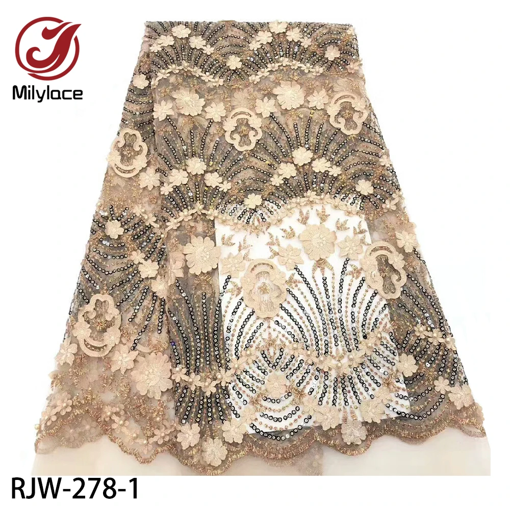 

Milylace Latest 3D Flowers Lace with Sequin Beads French Mesh Embroidery Lace Fabric 5 Yards for Wedding Dress RJW-278