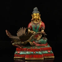 10tibet buddhism old bronze outline in gold gem shakyamuni buddha statue red crowned crane guardian enshrine the buddha