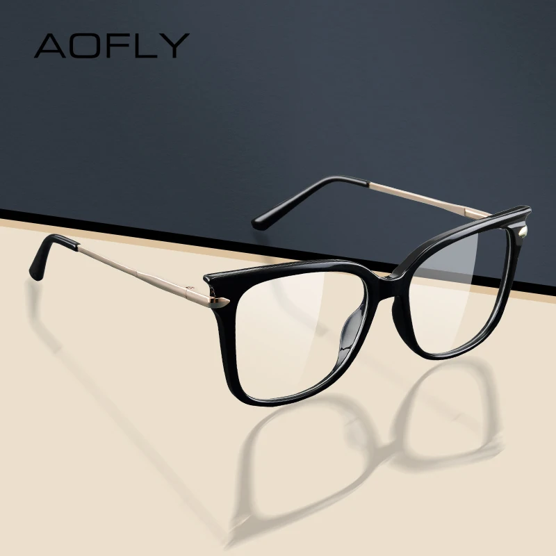 

Женские ультралегкие оправы для очков AOFLY, черно-золотистые ультралегкие оправы для очков «кошачий глаз» из пластика с защитой от синего св...
