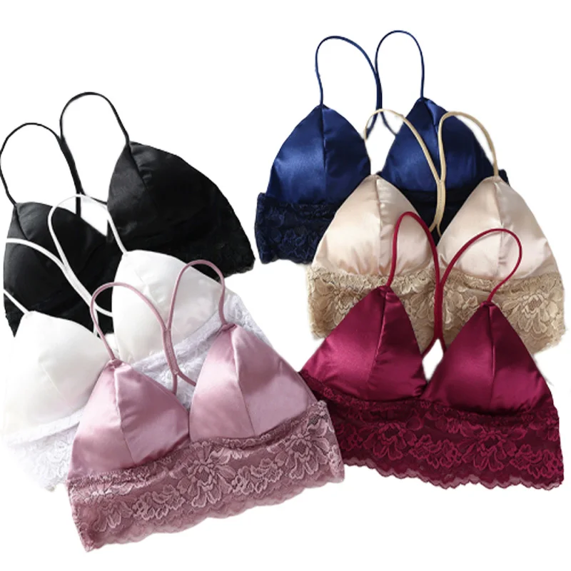 

Sexy Solid Crop Top Women Satin Silk Camis Bralette Back Lace Tube Top Strap Padded Bra