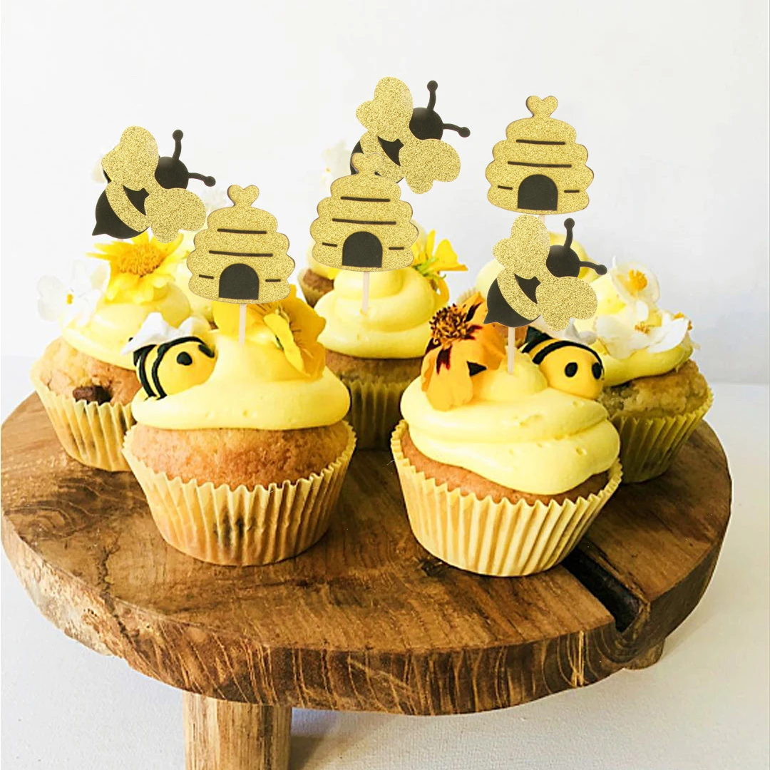 12pcs Honeybee Cake Topper Wooden Bee Sticker for Party Decoration Food Selection Children Birthday Supplies | Дом и сад