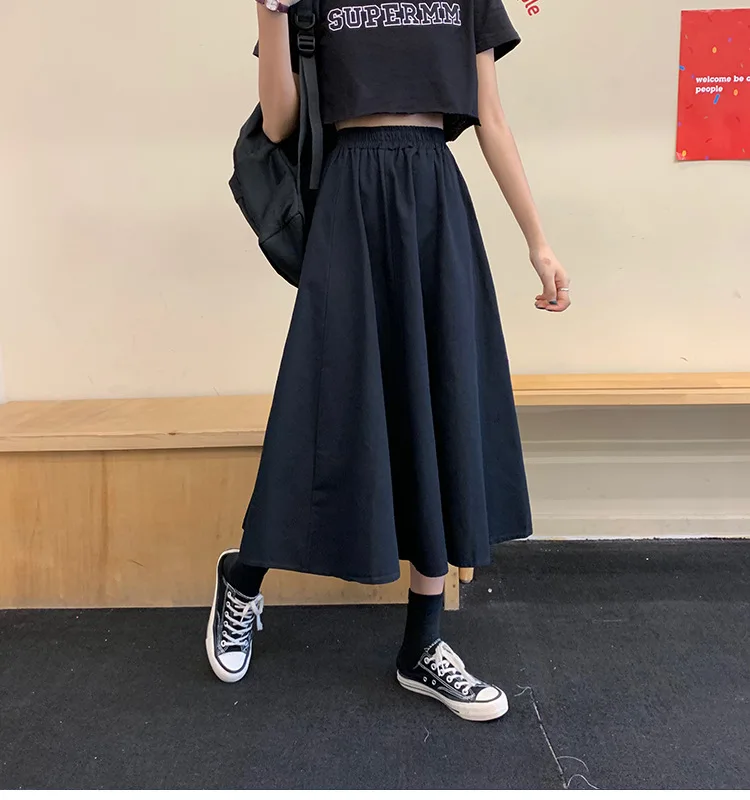 

Skirts Women Simple Solid Leisure Loose Plus Size 3XL Long Skirt Korean Style Elastic-Weight A-line Student Streetwear Trendy