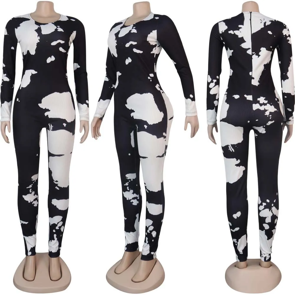 

Women Jumpsuit Ribbing Long Sleeve Zipper One Piece Romper Wholesale Cow Pattern Print Bodysuit Lounge Streetwear Dropshipping